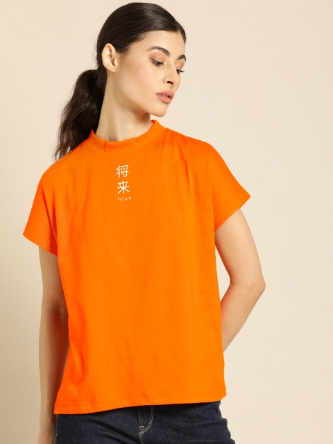 

ether Women Orange Solid Pure Cotton Round Neck T-shirt