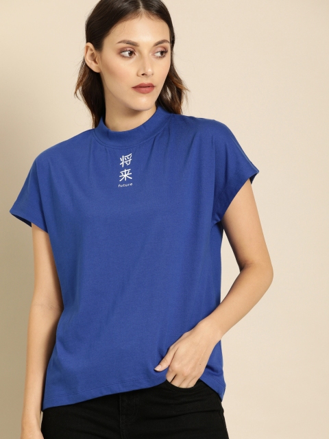 

ether Women Blue Solid Pure Cotton Round Neck T-shirt