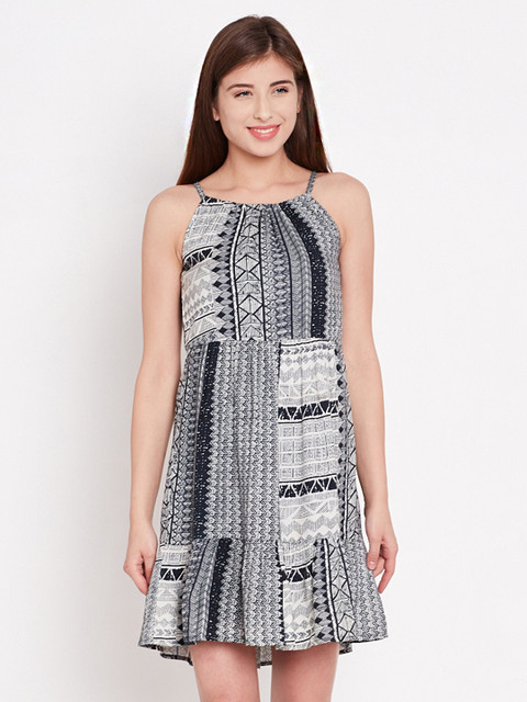

American Swan Navy Printed Fit & Flare Dress, Navy blue