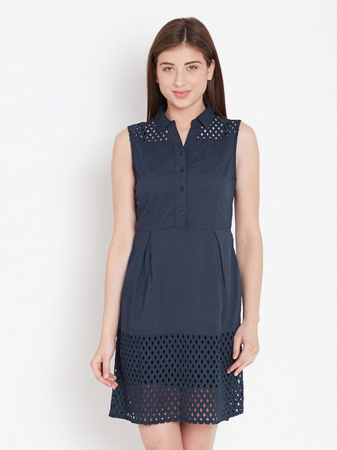 

American Swan Navy Schiffli Embroidered Tailored Dress, Navy blue