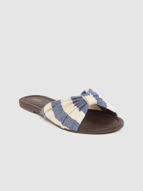 

Lavie Women Blue & Beige Striped Open Toe Flats with Bow Detail
