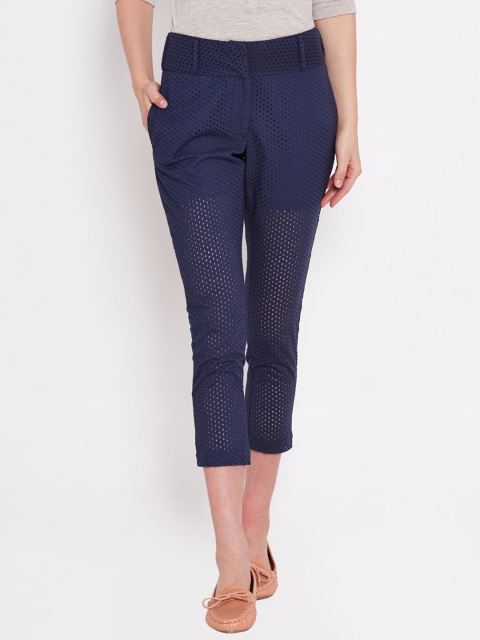 

American Swan Navy Schiffli Embroidered Cropped Trousers, Navy blue