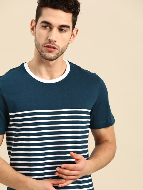 

ether Men Teal Blue & White Striped Cotton Round Neck T-shirt