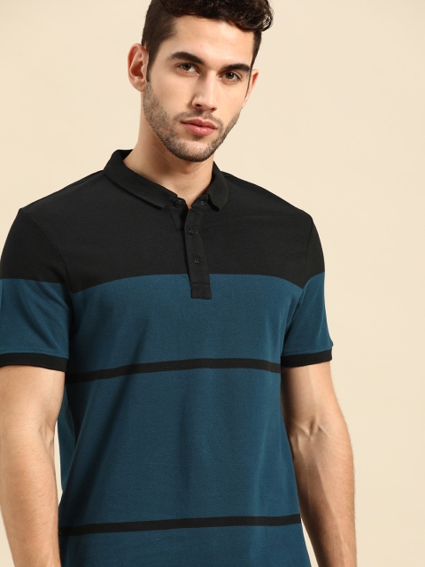 

ether Men Teal Blue & Black Striped Cotton Polo Collar T-shirt