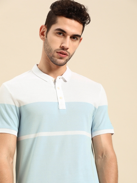 

ether Men Blue & White Striped Cotton Polo Collar T-shirt