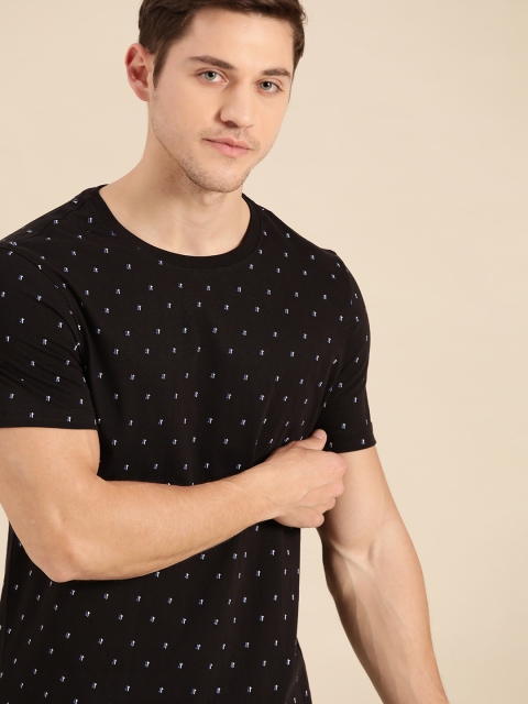 

ether Men Black Blue Printed Round Neck Pure Cotton T-shirt
