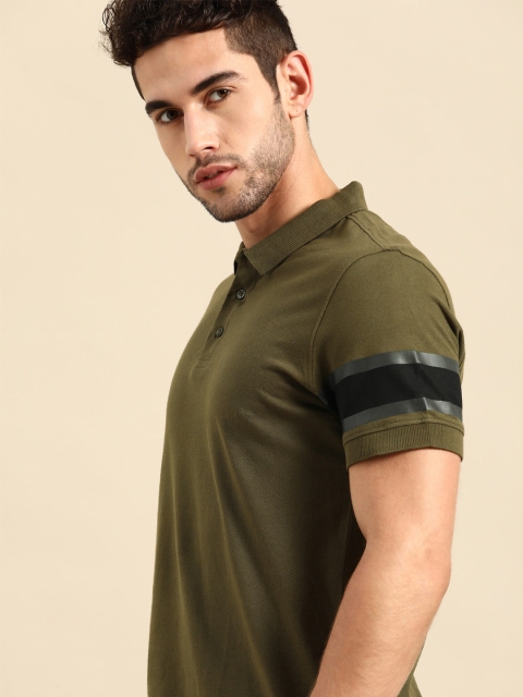 

ether Men Olive Green Solid Cotton Polo Collar T-shirt