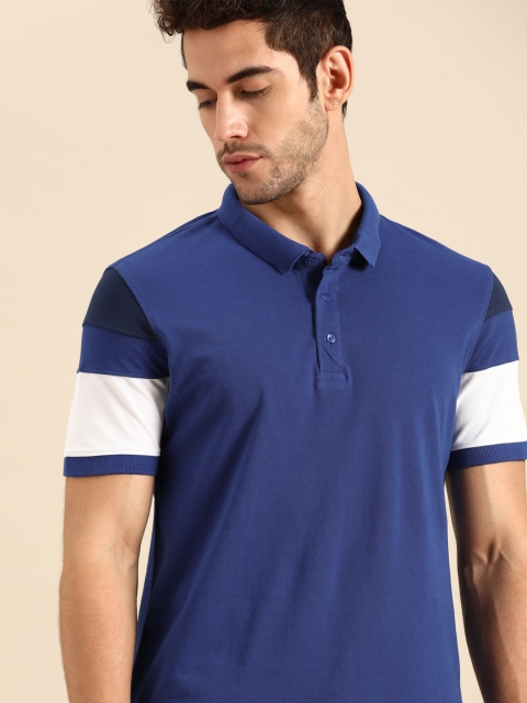 

ether Men Blue Pure Cotton Solid Polo Collar Pure Cotton T-shirt