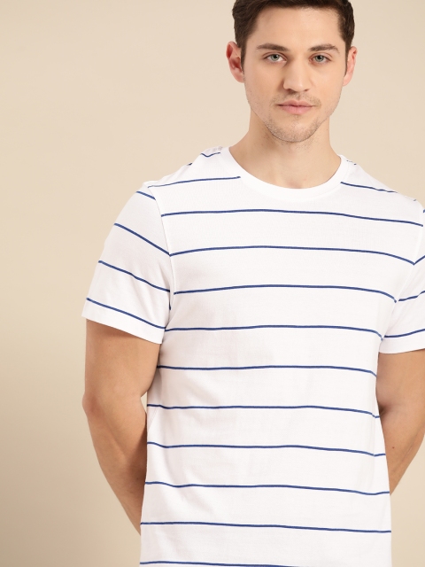

ether Men White & Blue Striped Pure Cotton Round Neck T-shirt