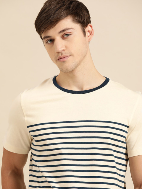 

ether Men Cream-Coloured & Navy Blue Striped Round Neck T-shirt