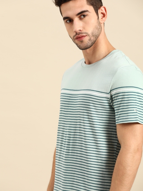 

ether Men Sea Green & Teal Blue Striped Round Neck T-shirt