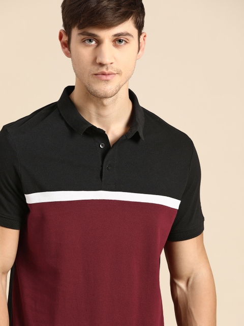 

ether Men Maroon & Black Colourblocked Pure Cotton Polo Collar T-Shirt