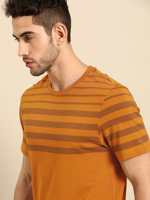 

ether Men Mustard Yellow Striped Pure Cotton Round Neck T-shirt