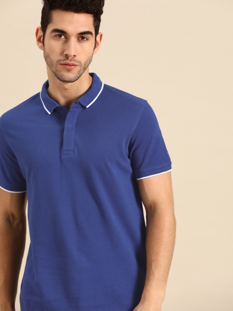 

ether Men Blue Pure Cotton Solid Polo Collar T-shirt