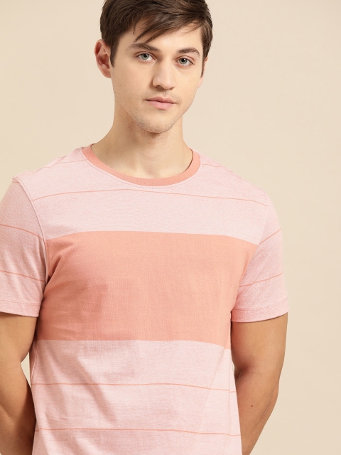 

ether Men Pink Pure Cotton Striped Round Neck T-shirt