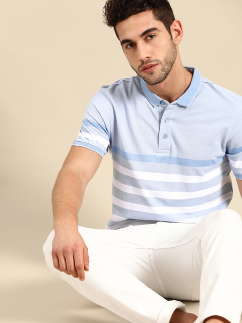 

ether Men Blue & White Striped Pure Cotton Polo Collar T-shirt