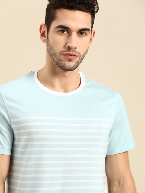 

ether Men Blue & White Striped Pure Cotton Round Neck T-shirt