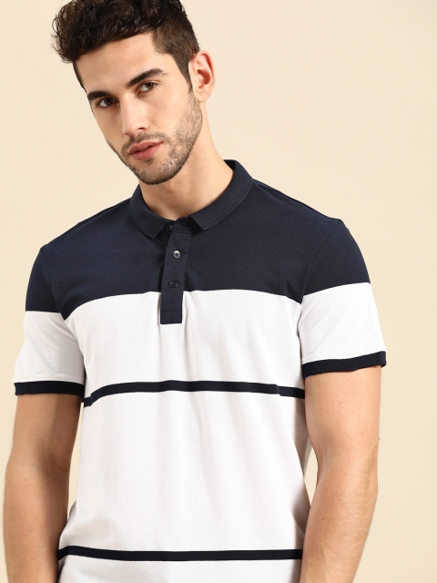 

ether Men White & Navy Blue Striped Cotton Polo Collar T-shirt