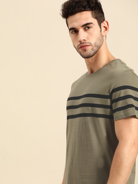 

ether Men Olive Green & Black Striped Pure Cotton Round Neck T-shirt