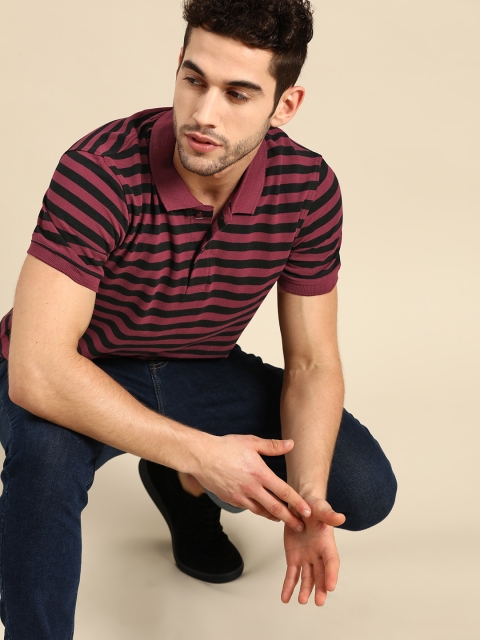 

ether Men Maroon & Black Striped Cotton Polo Collar T-shirt