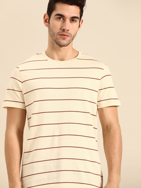 

ether Men Cream-Coloured & Maroon Striped Pure Cotton Round Neck T-shirt