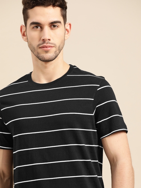 

ether Men Black & White Striped Pure Cotton Round Neck T-shirt