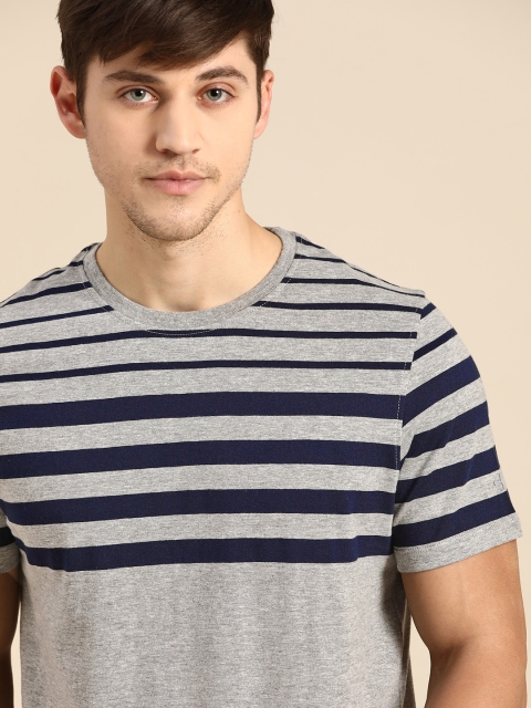 

ether Men Grey Navy Blue Striped Round Neck Pure Cotton T-shirt