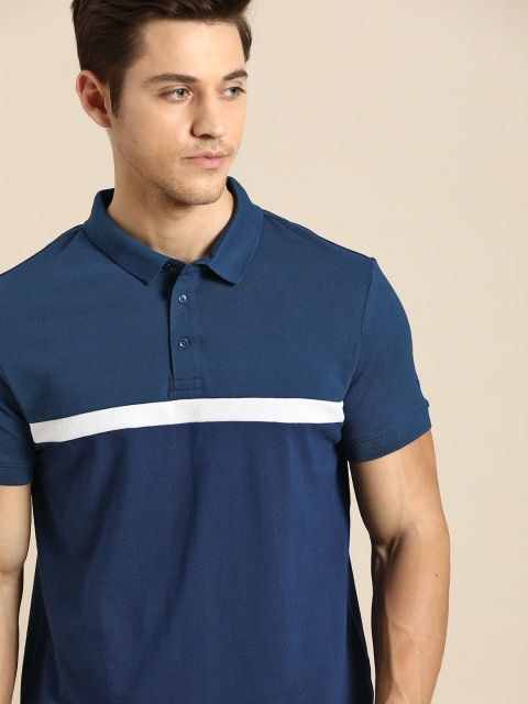 

ether Men Navy Blue & White Pure Cotton Striped Polo Collar T-shirt