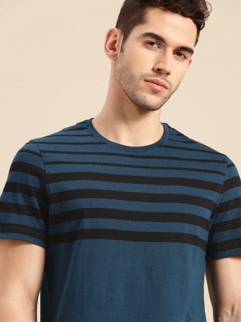 

ether Men Teal Blue & Black Pure Cotton Striped Round Neck T-shirt