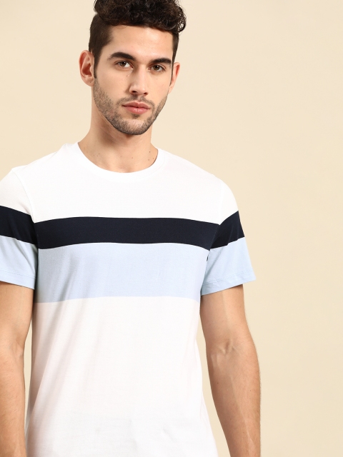 

ether Men White & Blue Striped Pure Cotton Round Neck T-shirt