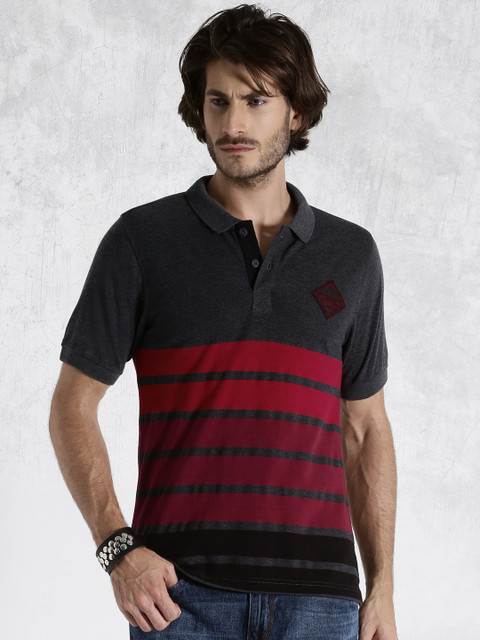 

Roadster Charcoal Grey & Maroon Striped Polo T-shirt