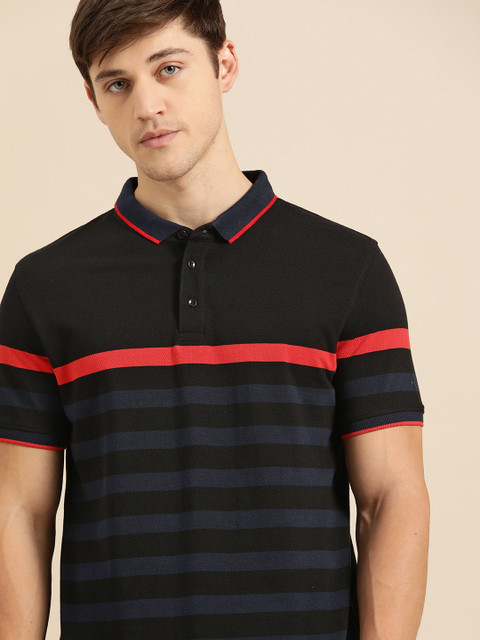 

ether Men Black & Navy Pure Cotton Striped Polo Collar T-shirt