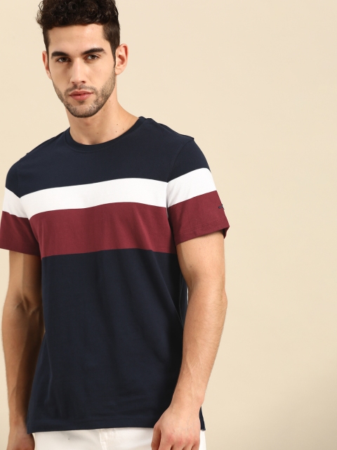 

ether Men Navy Blue & Maroon Striped Cotton Round Neck T-shirt