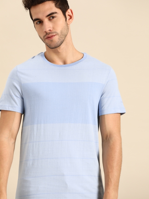 

ether Men Blue Pure Cotton Striped Round Neck T-shirt