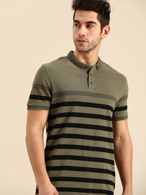 

ether Men Olive Green & Black Striped Pure Cotton Polo Collar T-shirt