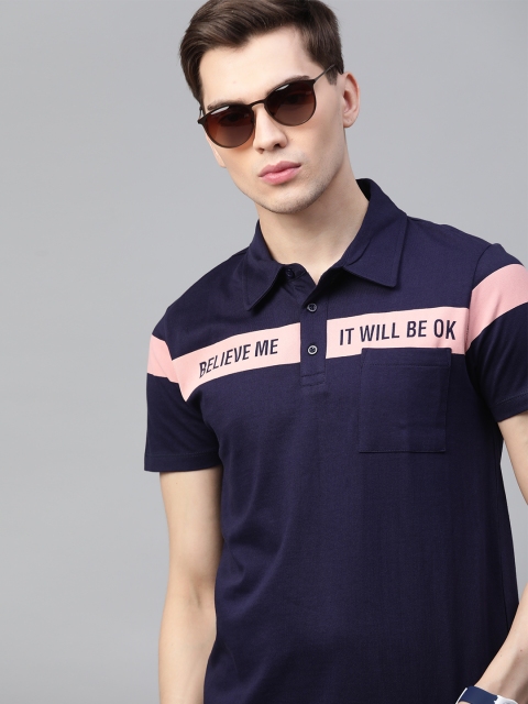 

Kook N Keech Men Navy Blue Pink Pure Cotton Polo Collar Pure Cotton T-shirt