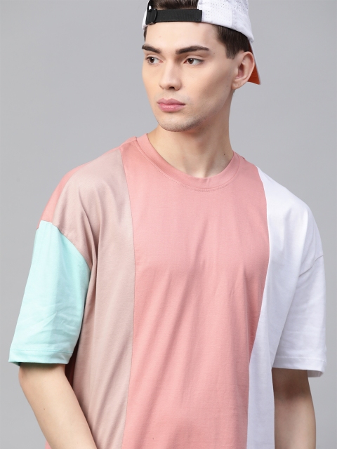 

Kook N Keech Men Pink White Pure Cotton Colourblocked Drop-Shoulder Sleeves Pure Cotton T-shirt