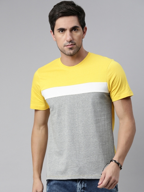 

Kook N Keech Men Grey Yellow Colourblocked Pure Cotton T-shirt