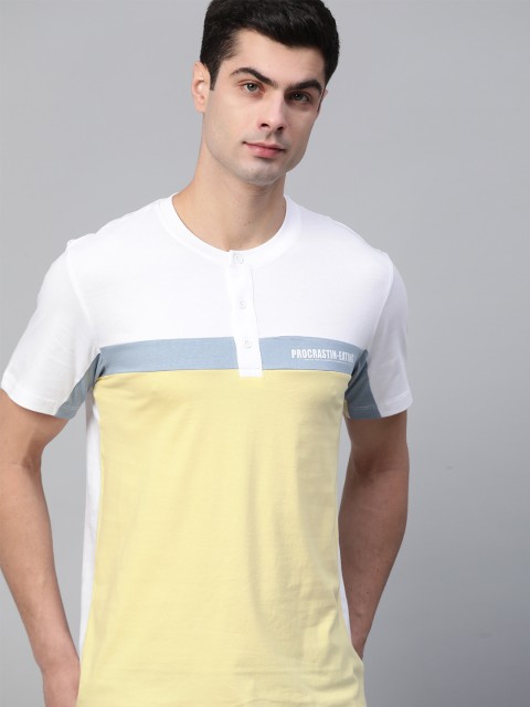 

Kook N Keech Men White Yellow Pure Cotton Colourblocked Henley Neck Pure Cotton T-shirt
