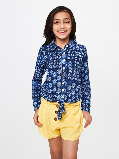 

Global Desi Blue Printed Shirt Style Top