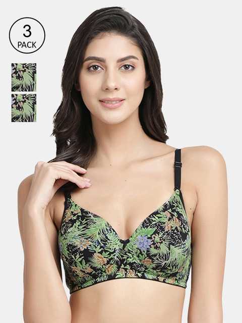 

Inner Sense Pack Of 3 Black & Green Organic Cotton Non-Wired Lightly Padded Sustainable T-shirt Bras