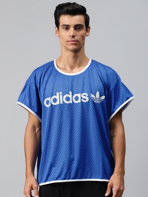 

ADIDAS Originals Men Blue & White Mesh Human Made Brand Logo Print T-Shirt