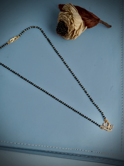 

LAIDA Gold-Plated & Black Beaded & Studded Love Textured Mangalsutra