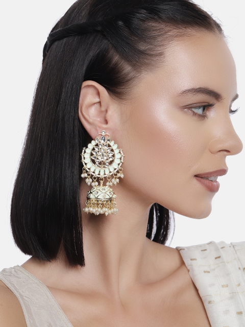 

LAIDA Sea Green Gold-Plated Handcrafted Enamelled Kundan & Pearl Dome Shaped Jhumkas
