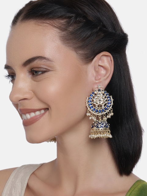 

LAIDA Blue Gold Plated Handcrafted Kundan and Pearl Dome Shaped Jhumkas