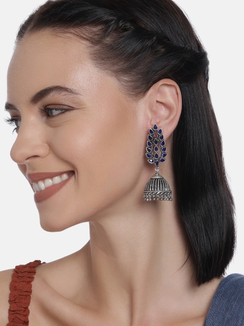 

LAIDA Blue Silver-Plated Oxidized Dome Shaped Jhumkas
