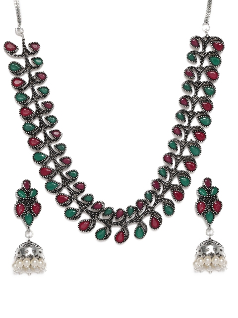 

LAIDA Silver-Plated And Green Oxidized Handcrafted Ruby Studded Jewellery Set