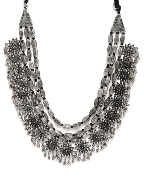 

LAIDA Silver-Plated Oxidized Floral Three Layered Necklace