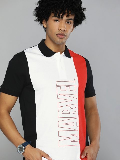 

Kook N Keech Marvel Men White Black Colourblocked Pure Cotton Polo Collar Pure Cotton T-shirt