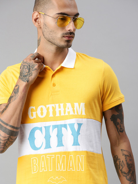 

Kook N Keech Batman Men Yellow White Printed Polo Collar Pure Cotton T-shirt